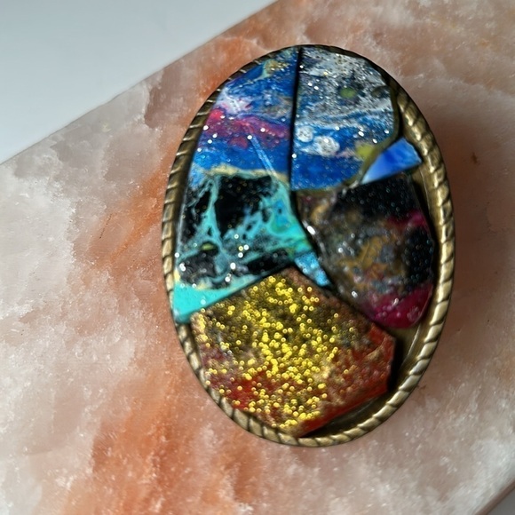 Repurposed BELT BUCKLE OOAK Hand Painted Mosaic Tiles Cluster Artisan Unisex - Picture 6 of 17